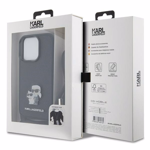 Karl Lagerfeld krustveida Saffiano metāla piespraude Karl & Choupette viedtālruņa apvalks iPhone 15 Pro - melns
