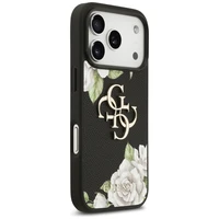 Guess Grained Roses & Big 4G Logo iPhone 17 Pro futrālis - melns