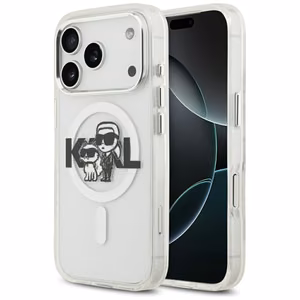 Karl Lagerfeld IML Glitter Karl & Choupette Sketch Logo Magnētiskais viedtālruņa apvalks iPhone 17 Pro - caurspīdīgs