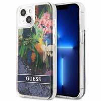 Guess GUHCP13SLFLSB iPhone 13 mini 5.4" zils cietais apvalks ziedu šķidrs spīdums
