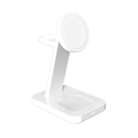 ZAGG Mophie Snap+ 3-in-1 Qi2 bezvadu lādētājs ar statīvu trim ierīcēm, saderīgs ar MagSafe un Qi2 – balts