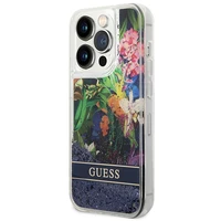 Guess Flower Liquid Glitter viedtālruņa apvalks iPhone 14 Pro Max - zils
