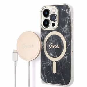 Komplekts Guess GUBPP14LHMEACSK apvalks + lādētājs iPhone 14 Pro 6.1" melns/melns cietais apvalks Marble Magnētiskais