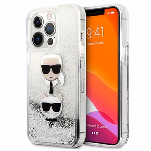 Karl Lagerfeld Šķidrs Glitter Karl&Choupette Galvas viedtālruņa apvalks iPhone 13 Pro Max - sudraba