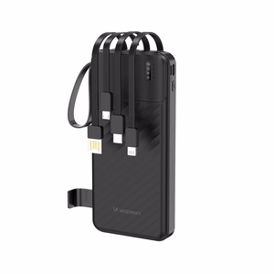 Wozinsky W11-B 10000mAh 10W portatīvais lādētājs ar iebūvētiem kabeļiem un lukturīti - melns