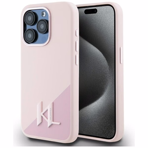 Karl Lagerfeld silikona Magnētiskais viedtālruņa apvalks ar metāla iniciāļu ēnas detaļām iPhone 15 Pro, rozā