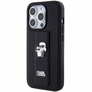 Karl Lagerfeld viedtālruņa apvalks ar statīvu Gripstand Saffiano Karl&Choupette Pins iPhone 15 Pro - melns