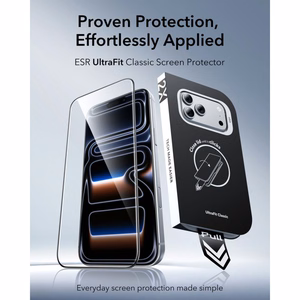 ESR UltraFit Classic 2 rūdītu stiklu komplekts, paredzēts iPhone 18 Pro / 17 Pro, melns