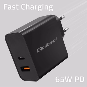 Qoltec 52380 ātrais PD lādētājs 1xUSB-C, 1xUSB, 65 W, melns