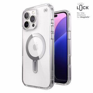 Speck Presidio Perfect-Clear vāciņš ar MagSafe un ClickLock iPhone 16 Pro Max tālrunim, Clear/Chrome