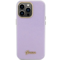 Guess Mirdzošs glancēts uzraksts apvalks iPhone 15 Pro - ceriņkrāsas