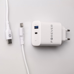 Forever TC-07-30AC PD QC lādētājs 1x USB-C 1x USB 30W balts + USB-C - USB-C kabelis 60W
