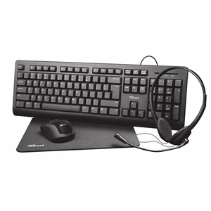 Trust Primo 4-in-1 vadu tastatūras, bezvadu peles, austiņu un peles paliktņa komplekts