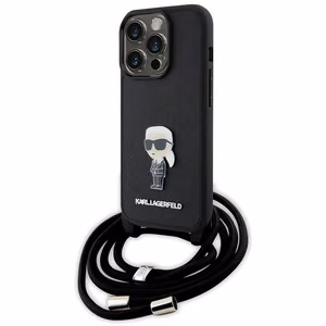 Karl Lagerfeld krustveida Saffiano monogramma metāla piespraude Karl & Choupette viedtālruņa apvalks iPhone 15 Pro - melns