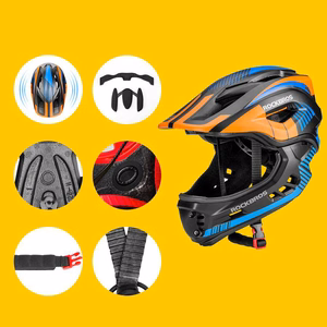 Rockbros TT-32SOBL-M bērnu velosipēda ķivere ar noņemamu zoda aizsargu, M izmērs - melna un oranža