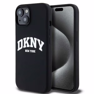 DKNY apvalks no šķidrā silikona MagSafe viedtālrunim iPhone 15 / 14 / 13 ar balto logotipu - melns (m)