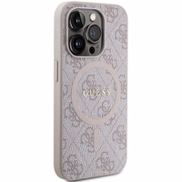 Guess 4G kolekcija ādas metāla logotips Magnētiskais apvalks iPhone 14 Pro Max - rozā