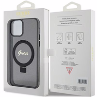 Guess Ring Stand Script Glitter Magnētiskais viedtālruņa apvalks iPhone 12/12 Pro - melns