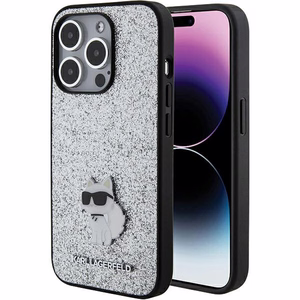 Karl Lagerfeld Fiksēts mirdzošs Choupette logotips metāla piespraude apvalks iPhone 15 Pro - sudraba