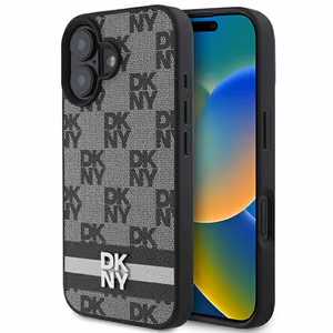 DKNY šachī raksts un drukātas svītras iPhone 16 apvalks melns