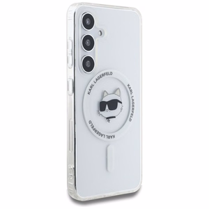 Viedtālruņa apvalks Karl Lagerfeld Poga Choupette Galva Drukāts Logotips Magnētiskais Samsung Galaxy S25 balta