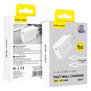Blavec sienas lādētājs BC-8 GaN4 - Type C - PD QC 65W 3A ar Type C uz Type C kabeli (TCBC8G4-CW653A+CC) balts