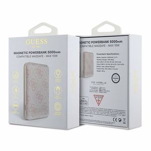 Guess indukcijas 15W GUPB5FP4EMGP 5000mAh portatīvais lādētājs rozā/rozā 4G ādas metāla logotips MagSafe