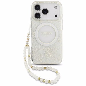 Guess IML Flowers Allover Electroplated MagSafe maciņš ar pērļu siksniņu modelim iPhone 18 Pro / 17 Pro – krāsa: balta