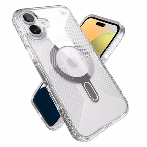 Speck Presidio Perfect-Clear Grip ClickLock & MagSafe vāciņš ierīcei iPhone 16 Plus, caurspīdīgs / hroma apdare / Serene Silver