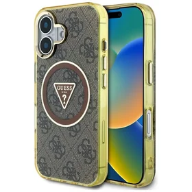 Guess IML Metal Glitter 4G Circle Triangle magnētiskais viedtālruņa apvalks iPhone 16 - brūns