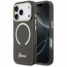 Guess IML Script Metal MagSafe Maciņš for iPhone 17 Pro Max - melns