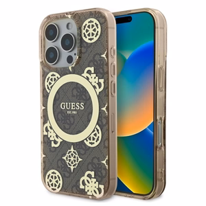 Guess IML peonija uz 4G fona Magnētiskais viedtālruņa apvalks iPhone 16 Pro - brūns