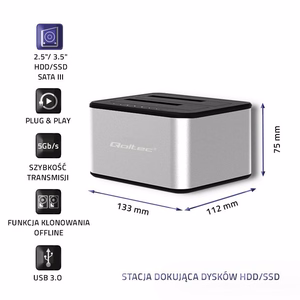 Qoltec 5316 HDD/SSD Dokstacija 2x 2.5"/3.5" SATA USB 3.0 Klonēšana