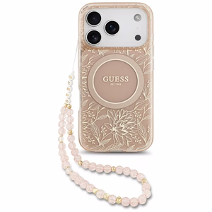 Guess IML Flowers Electro Pearl Strap MagSafe apvalks viedtālrunim iPhone 17 Pro - rozā