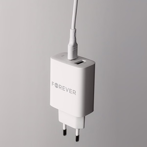 Forever TC-07-30AC PD QC lādētājs 1x USB-C 1x USB 30W balts + USB-C - USB-C kabelis 60W
