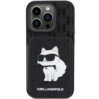 Karl Lagerfeld Saffiano karšu slotiņas un statīvs monogramma Choupette apvalks iPhone 15 Pro - melns