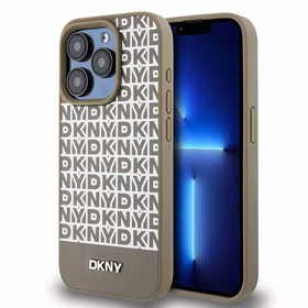 DKNY Ādas drukāts raksts metāla logotips Magnētiskais viedtālruņa apvalks iPhone 15 Pro - brūna