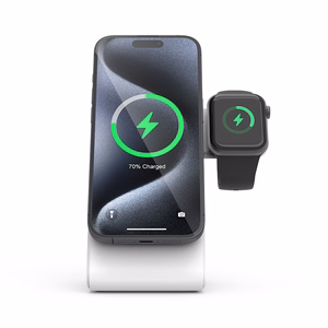 Crong MagSpot Pivot Stand 3 vienā bezvadu lādētājs iPhone, Apple Watch un AirPods ierīcēm, saderīgs ar MagSafe, balts