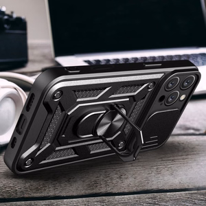 Hybrid Armor Camshield viedtālruņa apvalks iPhone 16 Pro ar kameras vāciņu un statīvu - melns