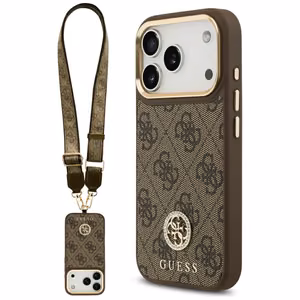 Guess 4G Strass Logo & Big Strap Metal Buttons Magnētiskais viedtālruņa apvalks iPhone 17 Pro - brūns