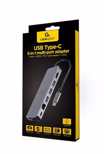 Gembird A-CM-COMBO5-05 USB Type-C 5-in-1 daudzportu adapteris (sadalītājs + HDMI + PD + karšu lasītājs + LAN)