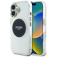 Guess IML Metal Colored Circle Classic Logo Magnētiskais viedtālruņa apvalks iPhone 16 - melns