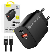 Blavec sienas lādētājs BC-2 - USB + Type C - QC 3.0 PD 20W ar Type C uz Type C kabeli (TCBC2-UCB20+CC) melns