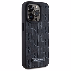 Karl Lagerfeld Ādas monogramma Metāla logotips Magnētiskais viedtālruņa apvalks iPhone 15 Pro - melns