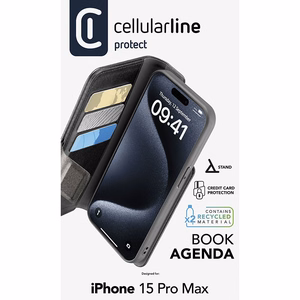 Cellularline Book Agenda vāciņš ierīcei iPhone 15 Pro Max, ar “Microban” pretmikrobu pārklājumu, melns