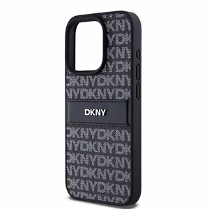 DKNY Ādas mono svītra un metāla logotips viedtālruņa apvalks iPhone 15 Pro - melns