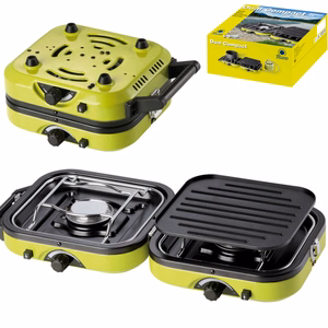 Meva DUAL COMPACT + GRILL tūrisma gāzes plīts gāzes kasetnēm, salokāms 2 degļu modelis ar grila plāksni