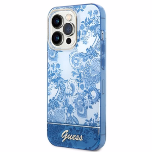 Guess GUHCP14LHGPLHB iPhone 14 Pro 6.1 zils / zils kietais viedtālruņa apvalks Porcelain Collection
