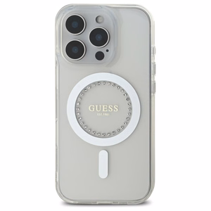 Guess IML Rhinestones magnētiskais viedtālruņa apvalks iPhone 16 Pro Max - balts