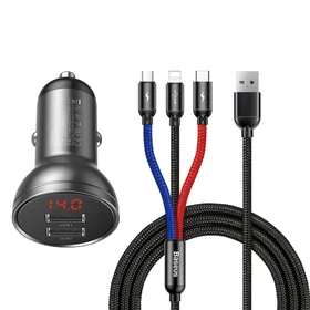 Baseus automašīnas lādētājs 2x USB 4.8A 24W ar LCD ekrānu + 3in1 kabelis USB - USB Type C / micro USB / Lightning 1.2m melns (TZCCBX-0G)